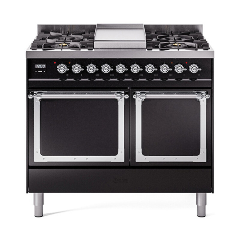 Nostalgie II Noblesse 40″ Dual Fuel Range (Natural Gas, Solid Door, Glossy Black, Chrome) UND40FQNMPBKC