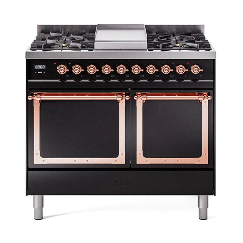 Nostalgie II Noblesse 40″ Dual Fuel Range (Natural Gas, Solid Door, Glossy Black, Copper) UND40FQNMPBKP