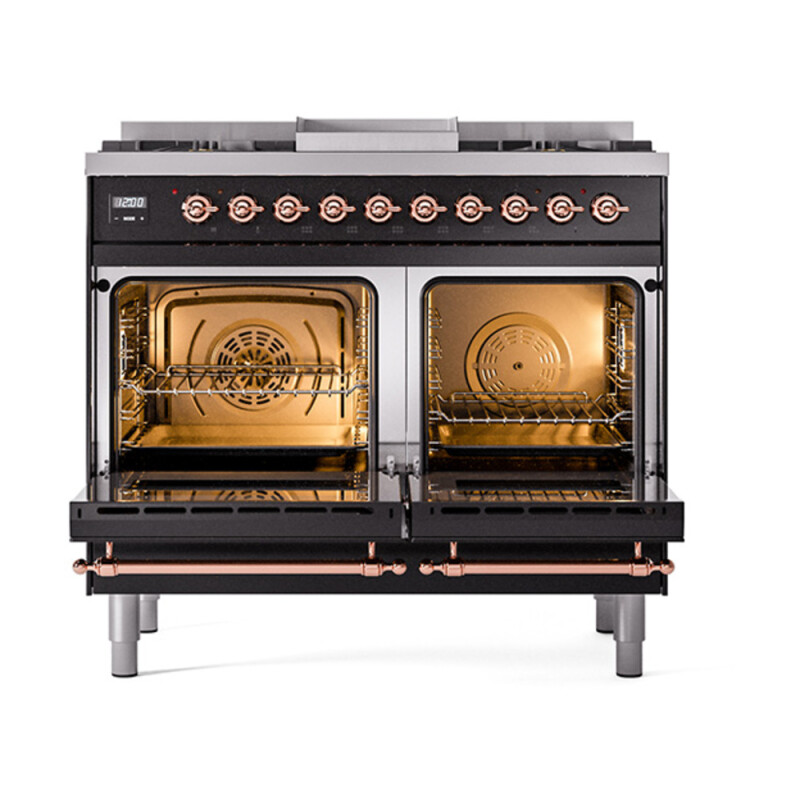 Nostalgie II Noblesse 40″ Dual Fuel Range (Natural Gas, Solid Door, Glossy Black, Copper) UND40FQNMPBKP
