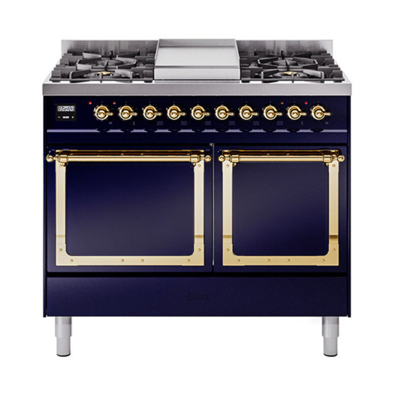 Nostalgie II Noblesse 40″ Dual Fuel Range (Natural Gas, Solid Door, Midnight Blue, Brass) UND40FQNMPMBG