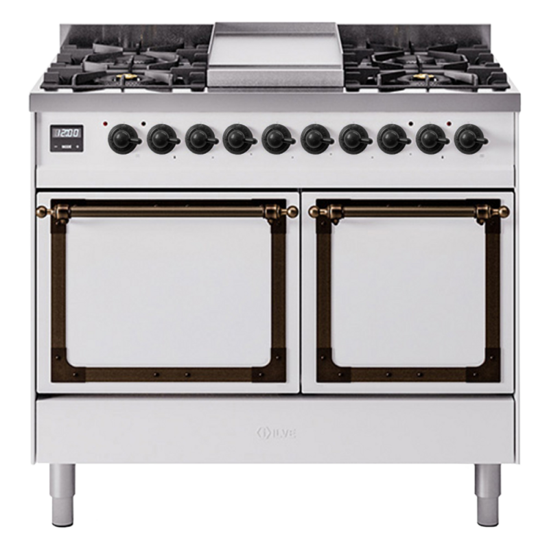 Nostalgie II Noblesse 40″ Dual Fuel Range (Natural Gas, Solid Door, White, Burnished) UND40FQNMPWHB