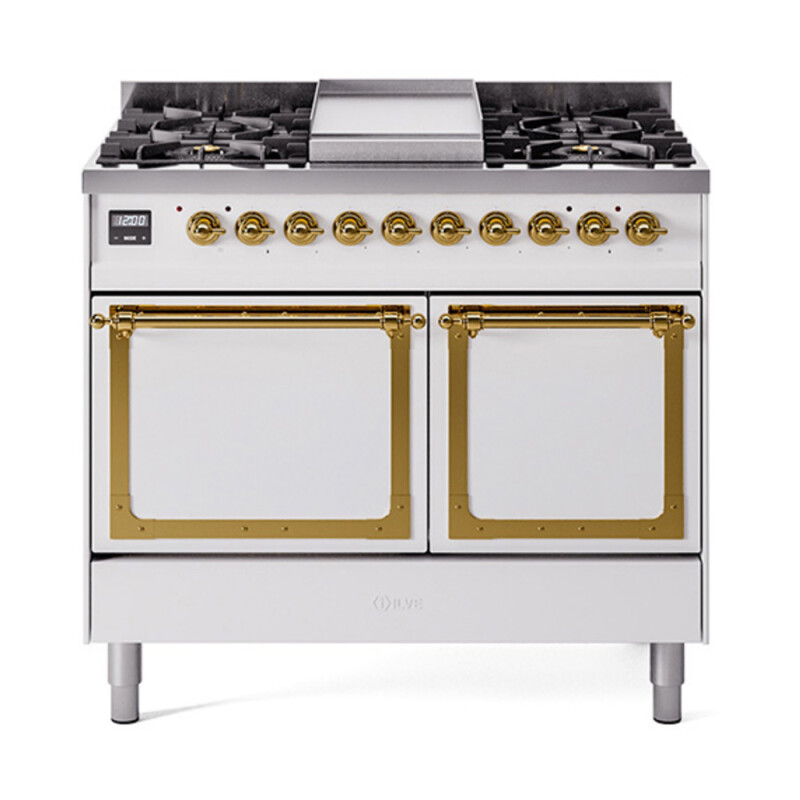 Nostalgie II Noblesse 40″ Dual Fuel Range (Natural Gas, Solid Door, White, Brass) UND40FQNMPWHG