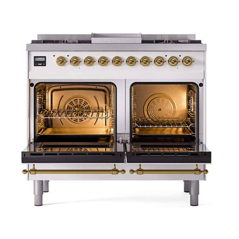 Nostalgie II Noblesse 40″ Dual Fuel Range (Natural Gas, Solid Door, White, Brass) UND40FQNMPWHG