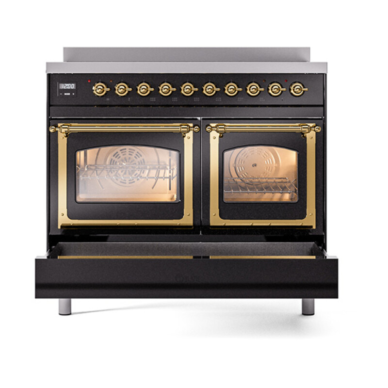 Nostalgie II Noblesse 40″ Induction Range  (Triple Glass Door, Glossy Black, Brass) UNDI406NMPBKG