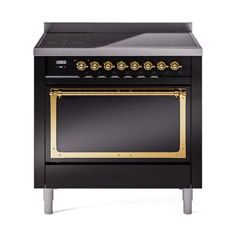 Nostalgie II Noblesse 36″ Induction Range   (Solid Door, Glossy Black, Brass) UNI366QNMPBKG