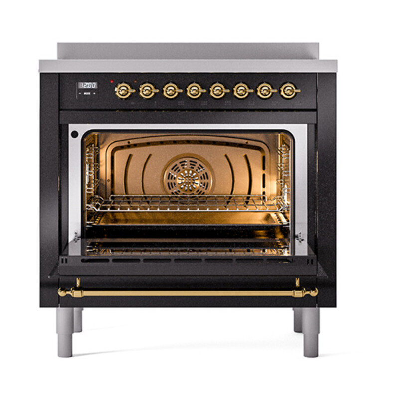 Nostalgie II Noblesse 36″ Induction Range   (Solid Door, Glossy Black, Brass) UNI366QNMPBKG