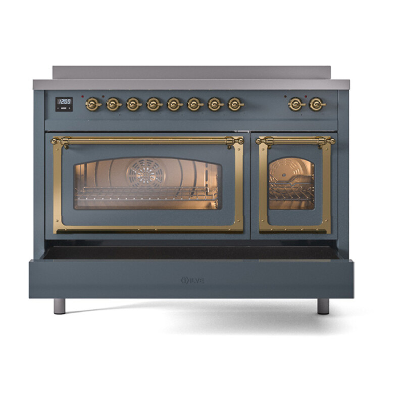 Nostalgie II Noblesse 48″ Induction Range  (Triple Glass Door, Blue Grey, Brass) UNI486NMPBGG
