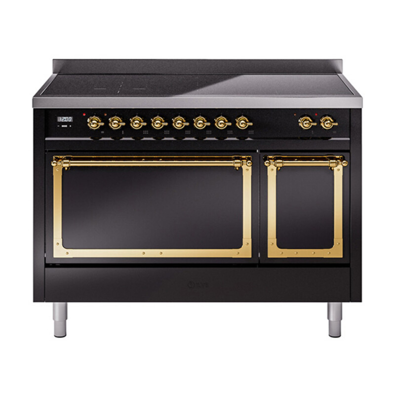 Nostalgie II Noblesse 48″ Induction Range  (Solid Door, Glossy Black, Brass) UNI486QNMPBKG