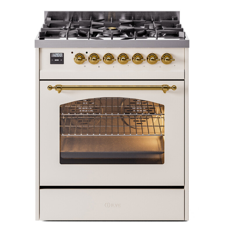 Nostalgie II Series 30 inch Freestanding Dual Fuel Range with Natural Gas, 5 Sealed Burners, 4 cu. ft. Total Oven Capacity, Convection Oven, Continuous Grates, Storage Drawer, with Brass Trim