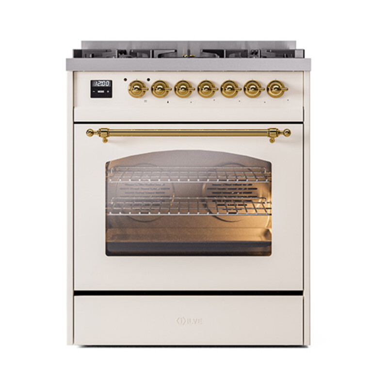 Nostalgie II Series 30 inch Freestanding Dual Fuel Range with Natural Gas, 5 Sealed Burners, 4 cu. ft. Total Oven Capacity, Convection Oven, Continuous Grates, Storage Drawer, with Brass Trim UP30NMPAWG