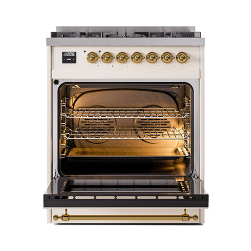 Nostalgie II Series 30 inch Freestanding Dual Fuel Range with Natural Gas, 5 Sealed Burners, 4 cu. ft. Total Oven Capacity, Convection Oven, Continuous Grates, Storage Drawer, with Brass Trim UP30NMPAWG