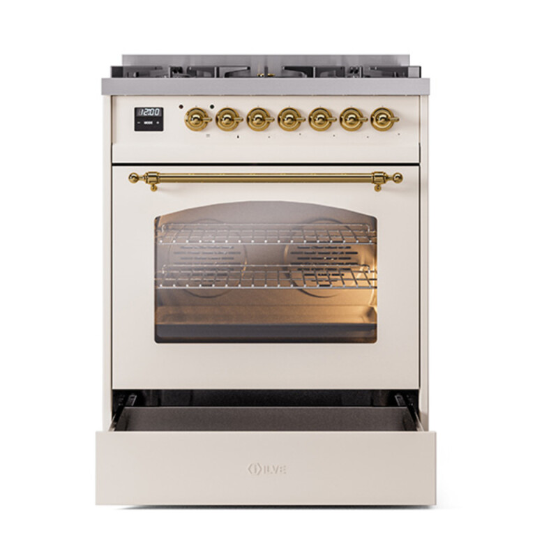 Nostalgie II Series 30 inch Freestanding Dual Fuel Range with Natural Gas, 5 Sealed Burners, 4 cu. ft. Total Oven Capacity, Convection Oven, Continuous Grates, Storage Drawer, with Brass Trim UP30NMPAWG