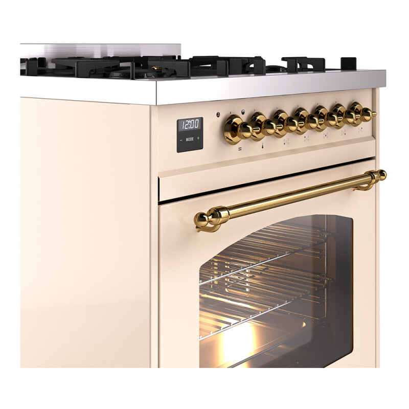 Nostalgie II Series 30 inch Freestanding Dual Fuel Range with Natural Gas, 5 Sealed Burners, 4 cu. ft. Total Oven Capacity, Convection Oven, Continuous Grates, Storage Drawer, with Brass Trim UP30NMPAWG