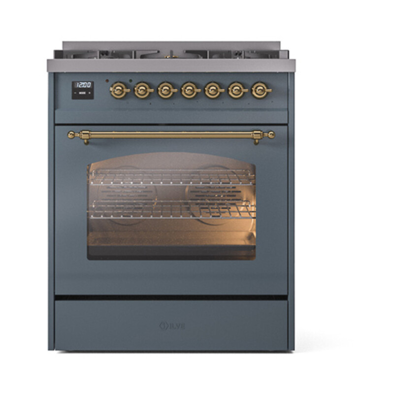 Nostalgie II 30 UP30NMPBGG Freestanding Dual Fuel Range with 5 Sealed Burners Single Oven with Triple Glass Door with Brass knobs UP30NMPBGGLP