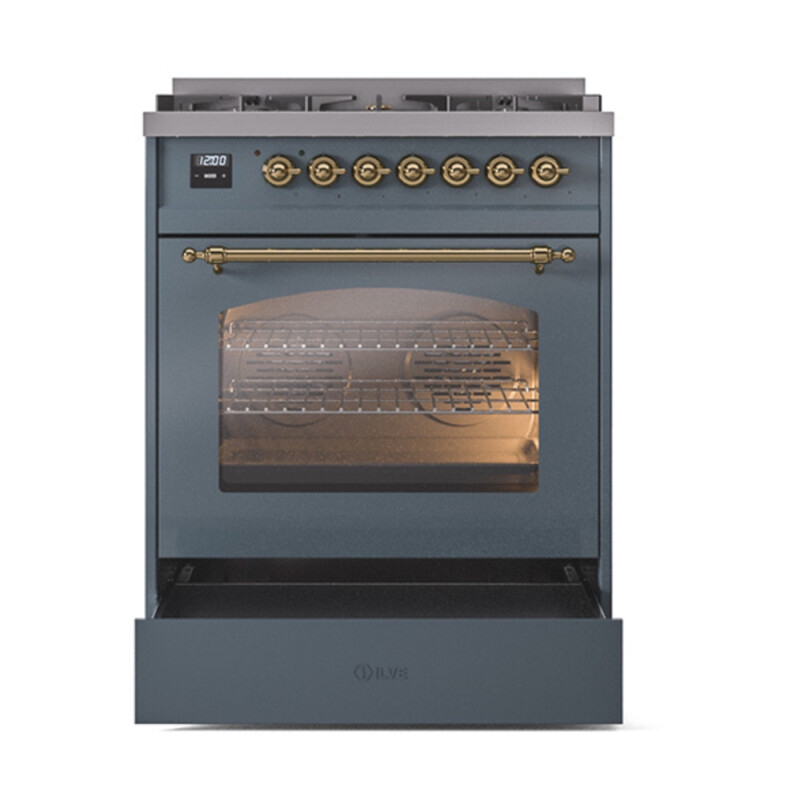 Nostalgie II 30 UP30NMPBGG Freestanding Dual Fuel Range with 5 Sealed Burners Single Oven with Triple Glass Door with Brass knobs UP30NMPBGGLP