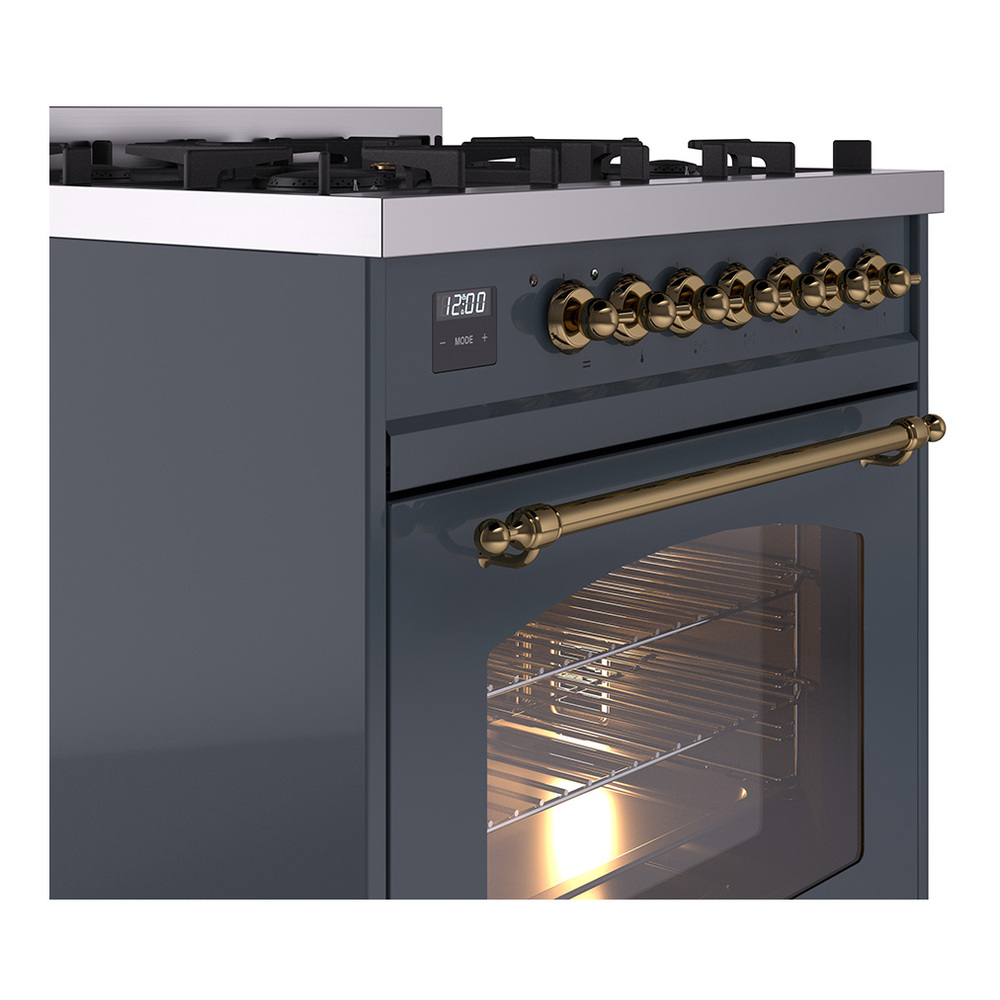 Nostalgie II Series 30 inch Freestanding Dual Fuel Range with Natural Gas, 5 Sealed Burners, 4 cu. ft. Total Oven Capacity, Convection Oven, Continuous Grates, Storage Drawer with Brass Trim UP30NMPBGG