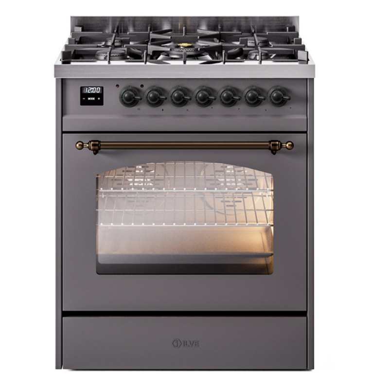 Nostalgie II Series 30 inch Freestanding Dual Fuel Range with Natural Gas, 5 Sealed Burners, 4 cu. ft. Total Oven Capacity, Convection Oven, Continuous Grates, Storage Drawer, with Bronze Tri
