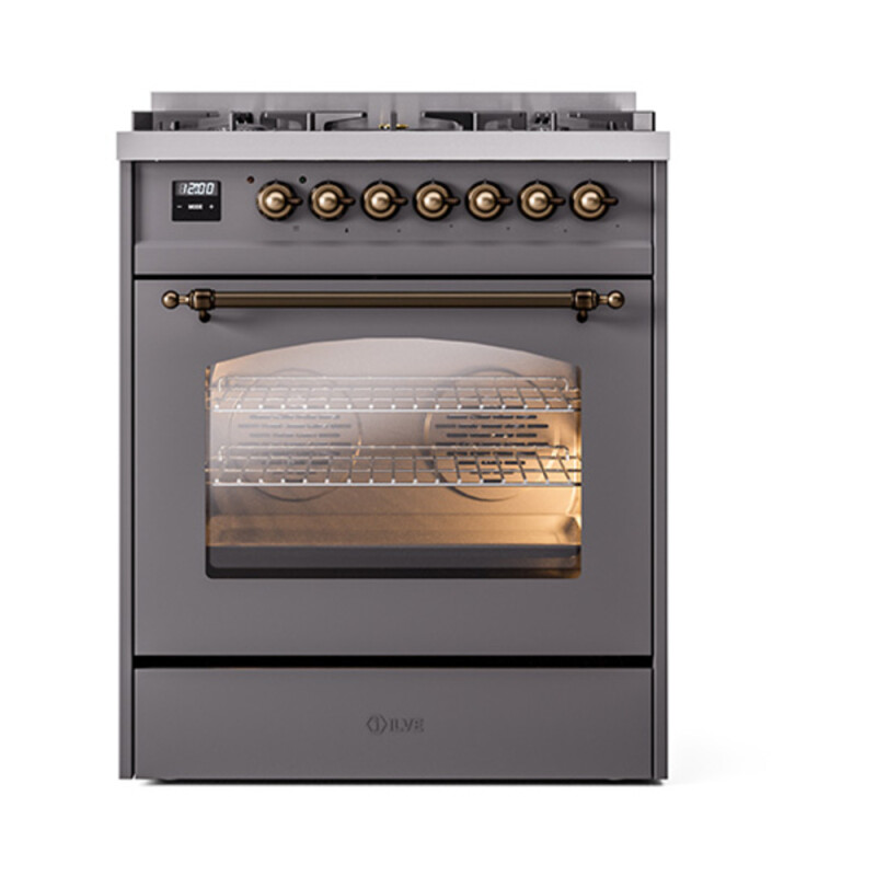 Nostalgie II Series 30 inch Freestanding Dual Fuel Range with Natural Gas, 5 Sealed Burners, 4 cu. ft. Total Oven Capacity, Convection Oven, Continuous Grates, Storage Drawer, with Bronze Tri UP30NMPMGB