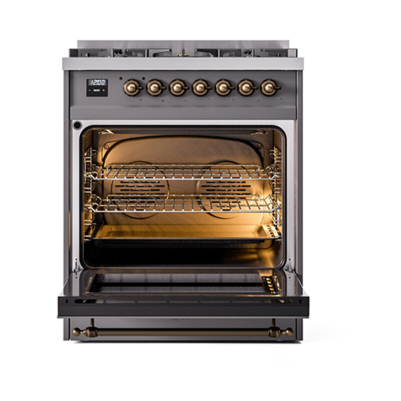 Nostalgie II Series 30 inch Freestanding Dual Fuel Range with Natural Gas, 5 Sealed Burners, 4 cu. ft. Total Oven Capacity, Convection Oven, Continuous Grates, Storage Drawer, with Bronze Tri UP30NMPMGB