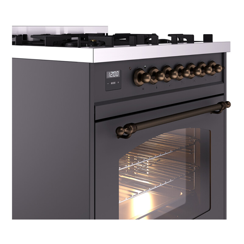 Nostalgie II Series 30 inch Freestanding Dual Fuel Range with Natural Gas, 5 Sealed Burners, 4 cu. ft. Total Oven Capacity, Convection Oven, Continuous Grates, Storage Drawer, with Bronze Tri UP30NMPMGB