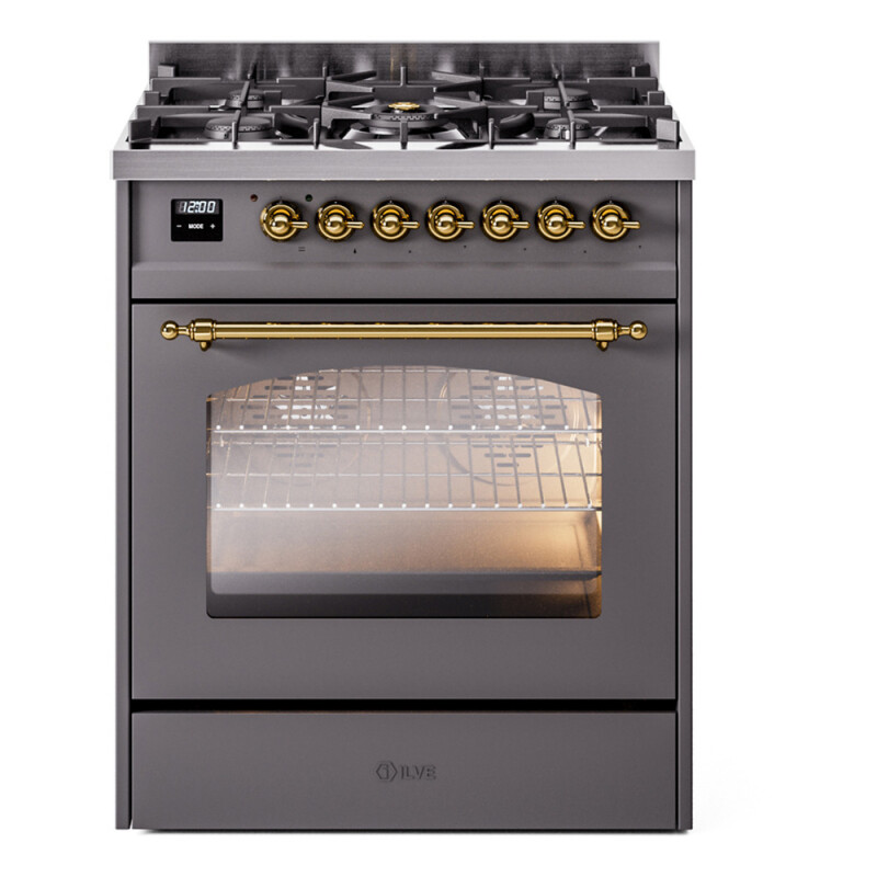 Nostalgie II Series 30 inch Freestanding Dual Fuel Range with Natural Gas, 5 Sealed Burners, 4 cu. ft. Total Oven Capacity, Convection Oven, Continuous Grates, Storage Drawer, with Brass Trim