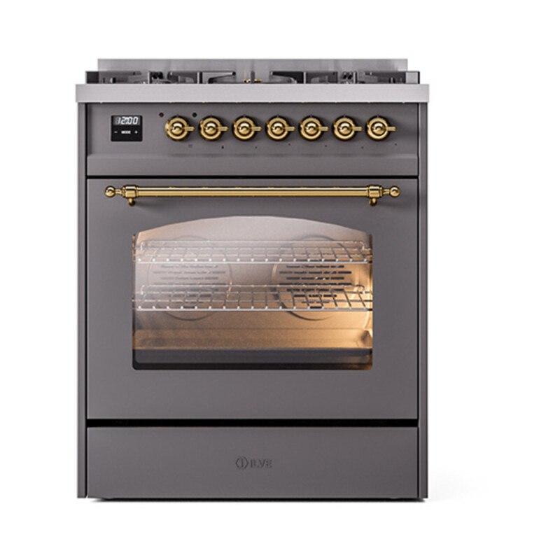 Nostalgie II Series 30 inch Freestanding Dual Fuel Range with Natural Gas, 5 Sealed Burners, 4 cu. ft. Total Oven Capacity, Convection Oven, Continuous Grates, Storage Drawer, with Brass Trim UP30NMPMGG