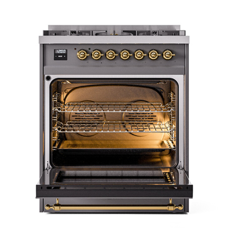 Nostalgie II Series 30 inch Freestanding Dual Fuel Range with Natural Gas, 5 Sealed Burners, 4 cu. ft. Total Oven Capacity, Convection Oven, Continuous Grates, Storage Drawer, with Brass Trim UP30NMPMGG