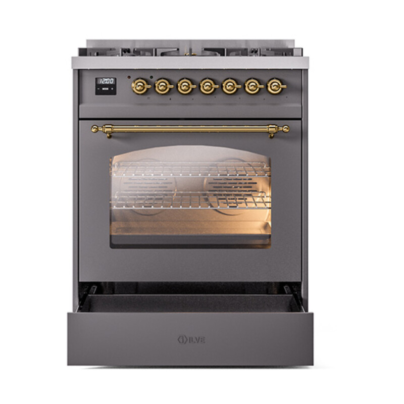 Nostalgie II Series 30 inch Freestanding Dual Fuel Range with Natural Gas, 5 Sealed Burners, 4 cu. ft. Total Oven Capacity, Convection Oven, Continuous Grates, Storage Drawer, with Brass Trim UP30NMPMGG