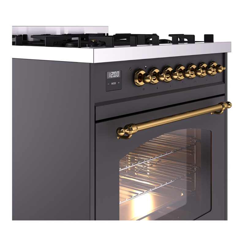 Nostalgie II Series 30 inch Freestanding Dual Fuel Range with Natural Gas, 5 Sealed Burners, 4 cu. ft. Total Oven Capacity, Convection Oven, Continuous Grates, Storage Drawer, with Brass Trim UP30NMPMGG
