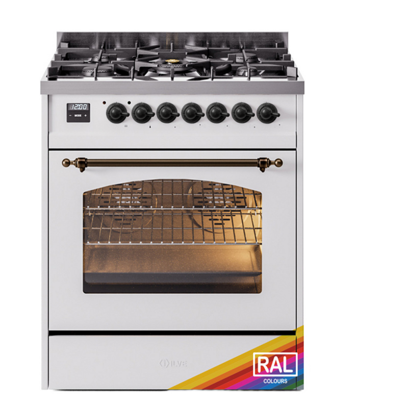 Nostalgie II 30 UP30NMPRAB Freestanding Dual Fuel Range with 5 Sealed Burners Single Oven with Triple Glass Door with Bronze knobs UP30NMPRABLP