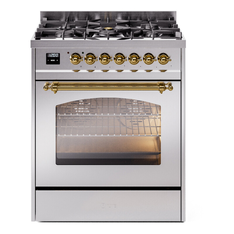 Nostalgie II Series 30 inch Freestanding Dual Fuel Range with Natural Gas, 5 Sealed Burners, 4 cu. ft. Total Oven Capacity, Convection Oven, Continuous Grates, Storage Drawer, with Brass Trim