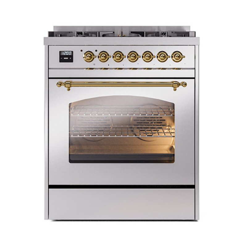 Nostalgie II Series 30 inch Freestanding Dual Fuel Range with Natural Gas, 5 Sealed Burners, 4 cu. ft. Total Oven Capacity, Convection Oven, Continuous Grates, Storage Drawer, with Brass Trim UP30NMPSSG