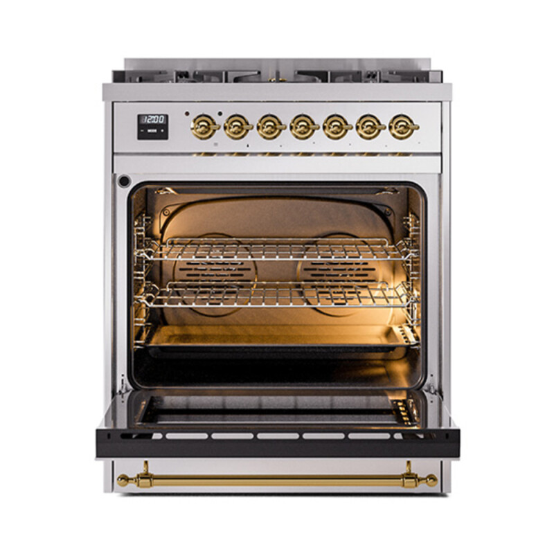 Nostalgie II Series 30 inch Freestanding Dual Fuel Range with Natural Gas, 5 Sealed Burners, 4 cu. ft. Total Oven Capacity, Convection Oven, Continuous Grates, Storage Drawer, with Brass Trim UP30NMPSSG