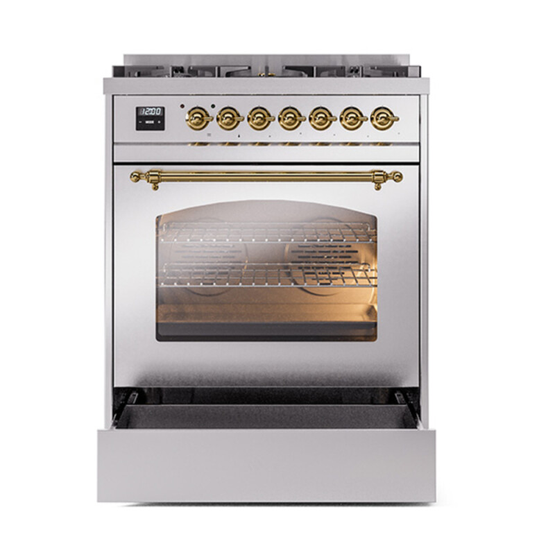 Nostalgie II Series 30 inch Freestanding Dual Fuel Range with Natural Gas, 5 Sealed Burners, 4 cu. ft. Total Oven Capacity, Convection Oven, Continuous Grates, Storage Drawer, with Brass Trim UP30NMPSSG