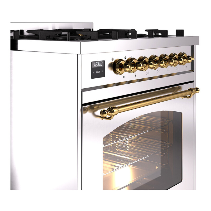 Nostalgie II Series 30 inch Freestanding Dual Fuel Range with Natural Gas, 5 Sealed Burners, 4 cu. ft. Total Oven Capacity, Convection Oven, Continuous Grates, Storage Drawer, with Brass Trim UP30NMPSSG