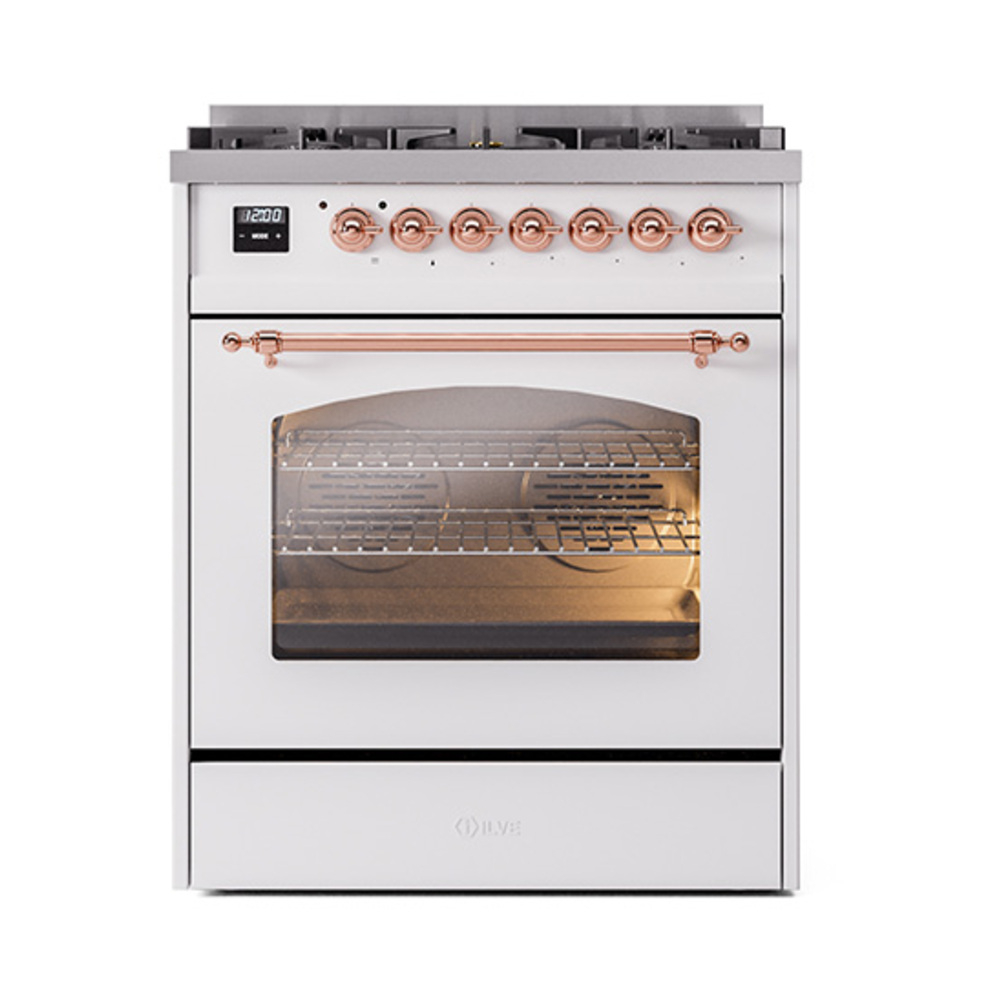 Nostalgie II 30 UP30NMPWHP Freestanding Dual Fuel Range with 5 Sealed Burners Single Oven with Triple Glass Door with Copper knobs UP30NMPWHP