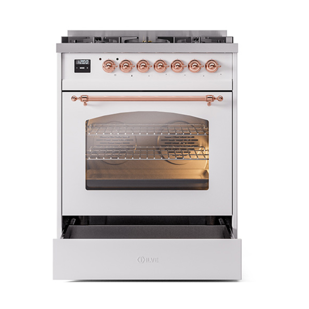 Nostalgie II 30 UP30NMPWHP Freestanding Dual Fuel Range with 5 Sealed Burners Single Oven with Triple Glass Door with Copper knobs UP30NMPWHP