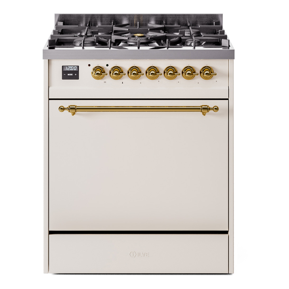 Nostalgie II 30 UP30QNMPAWG Freestanding Dual Fuel Range with 5 Sealed Burners Single Oven with Solid Door with Brass knobs UP30QNMPAWGLP