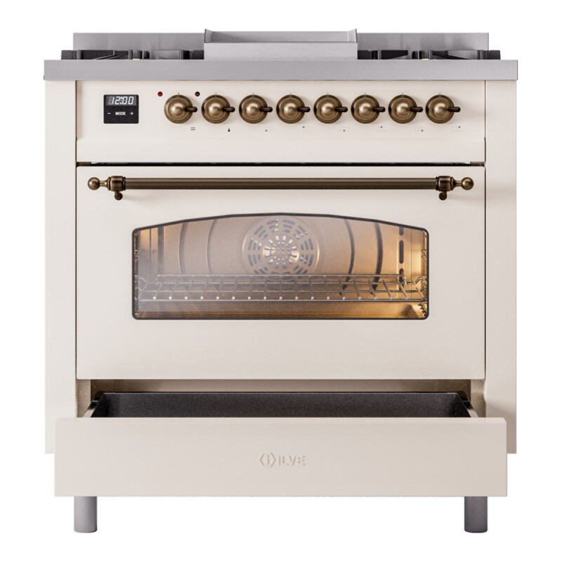 Nostalgie II Series 36 inch Freestanding Dual Fuel Range with Natural Gas, 6 Sealed Burners, 3.5 cu. ft. Total Oven Capacity, Griddle, Convection Oven, Continuous Grates, Storage Drawer, with UP36FNMPAWB