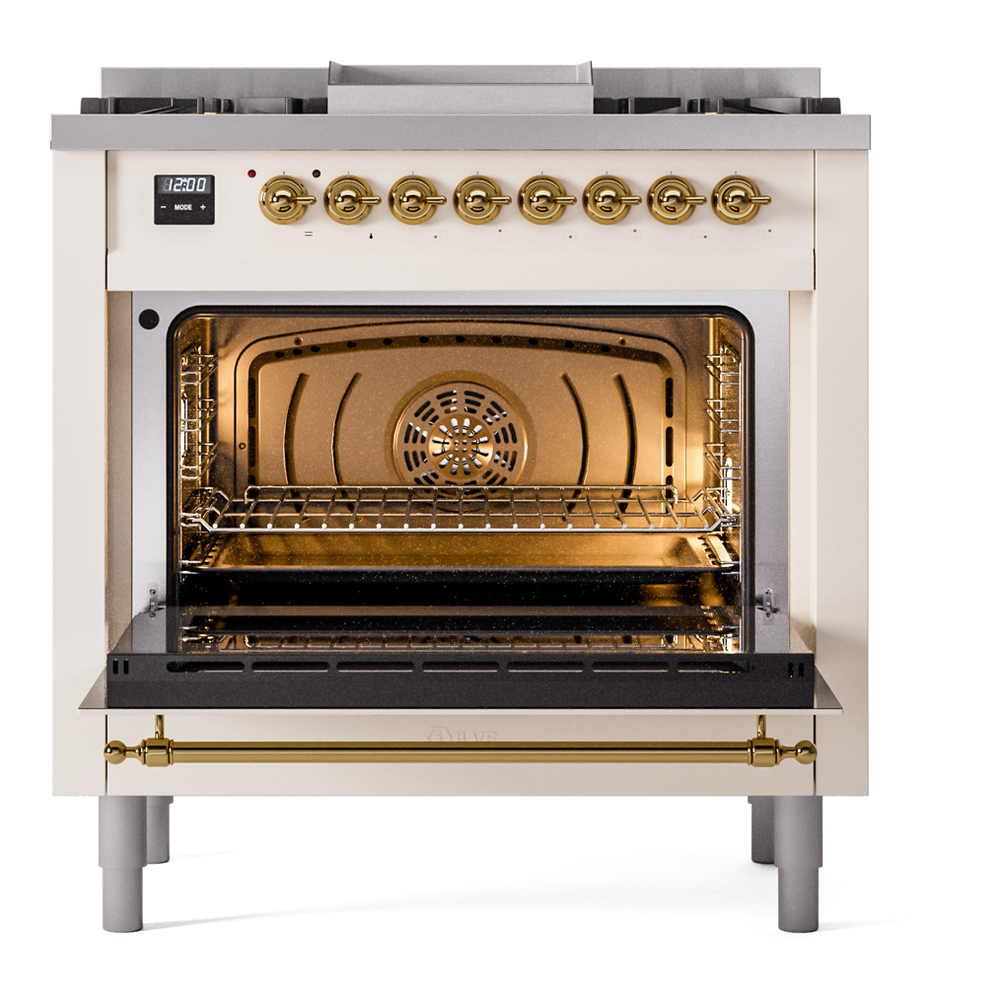 Nostalgie II Series 36 inch Freestanding Dual Fuel Range with Liquid Propane, 6 Sealed Burners, 3.5 cu. ft. Total Oven Capacity, Griddle, Convection Oven, Continuous Grates, Storage Drawer wi UP36FNMPAWGLP