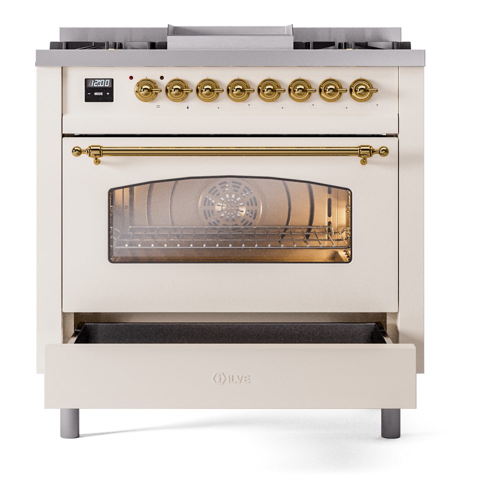 Nostalgie II Series 36 inch Freestanding Dual Fuel Range with Liquid Propane, 6 Sealed Burners, 3.5 cu. ft. Total Oven Capacity, Griddle, Convection Oven, Continuous Grates, Storage Drawer wi UP36FNMPAWGLP