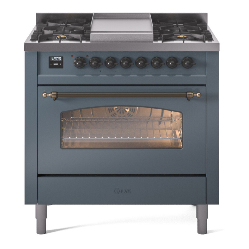 Nostalgie II 36 UP36FNMPBGB Freestanding Dual Fuel Range with 6 Sealed Burners with Griddle Single Oven with Triple Glass Door with Bronze knobs UP36FNMPBGB
