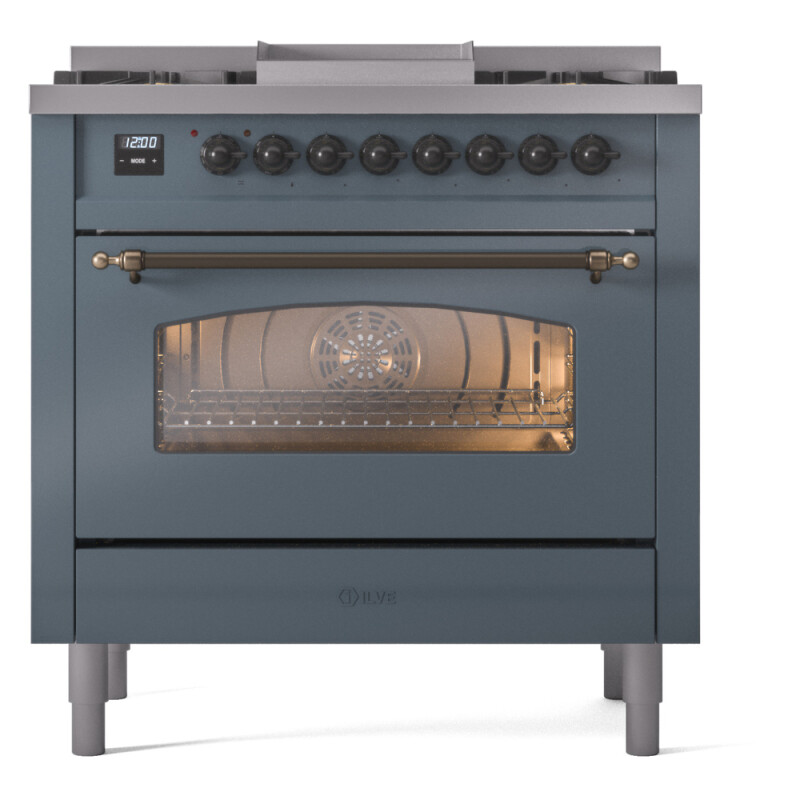 Nostalgie II 36 UP36FNMPBGB Freestanding Dual Fuel Range with 6 Sealed Burners with Griddle Single Oven with Triple Glass Door with Bronze knobs UP36FNMPBGB