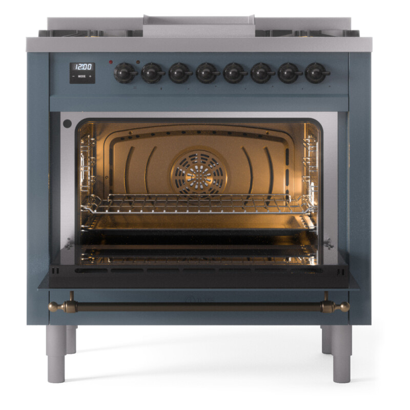Nostalgie II 36 UP36FNMPBGB Freestanding Dual Fuel Range with 6 Sealed Burners with Griddle Single Oven with Triple Glass Door with Bronze knobs UP36FNMPBGB
