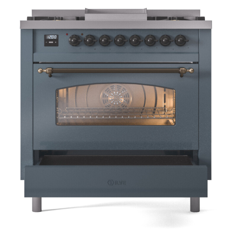 Nostalgie II 36 UP36FNMPBGB Freestanding Dual Fuel Range with 6 Sealed Burners with Griddle Single Oven with Triple Glass Door with Bronze knobs UP36FNMPBGB