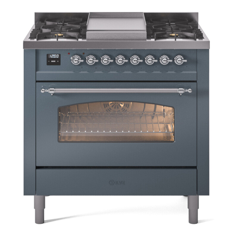 Nostalgie II 36 UP36FNMPBGC Freestanding Dual Fuel Range with 6 Sealed Burners with Griddle Single Oven with Triple Glass Door with Chrome knobs UP36FNMPBGC