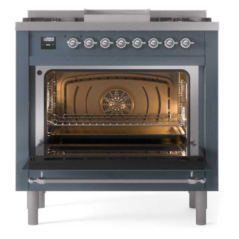 Nostalgie II 36 UP36FNMPBGC Freestanding Dual Fuel Range with 6 Sealed Burners with Griddle Single Oven with Triple Glass Door with Chrome knobs UP36FNMPBGC