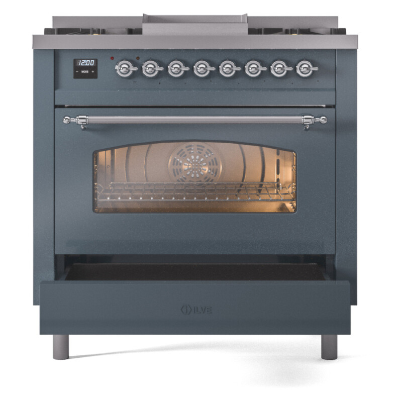 Nostalgie II 36 UP36FNMPBGC Freestanding Dual Fuel Range with 6 Sealed Burners with Griddle Single Oven with Triple Glass Door with Chrome knobs UP36FNMPBGC