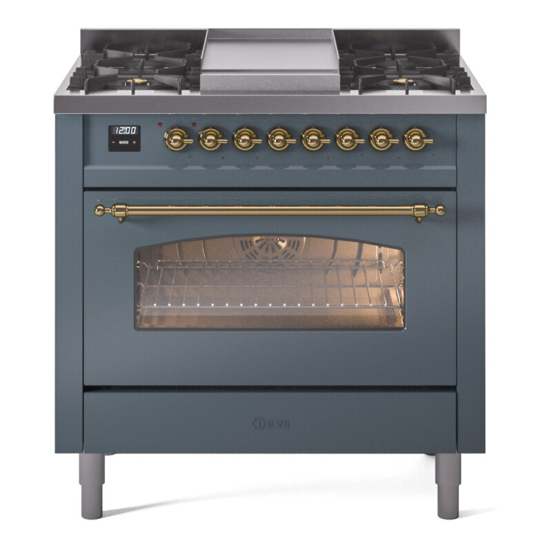 Nostalgie II 36 UP36FNMPBGG Freestanding Dual Fuel Range with 6 Sealed Burners with Griddle Single Oven with Triple Glass Door with Brass knobs UP36FNMPBGGLP