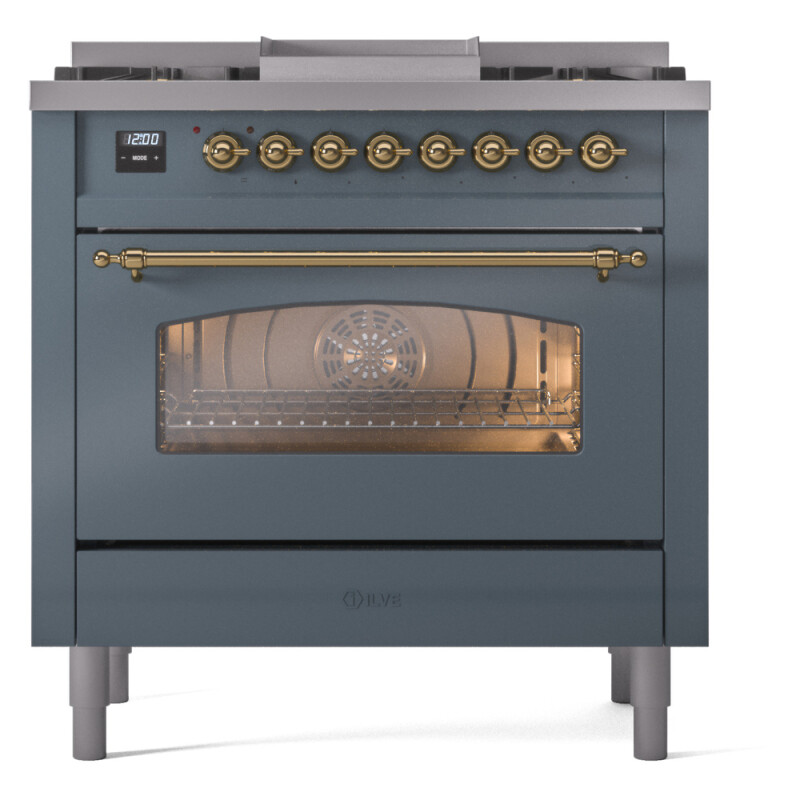 Nostalgie II 36 UP36FNMPBGG Freestanding Dual Fuel Range with 6 Sealed Burners with Griddle Single Oven with Triple Glass Door with Brass knobs UP36FNMPBGGLP